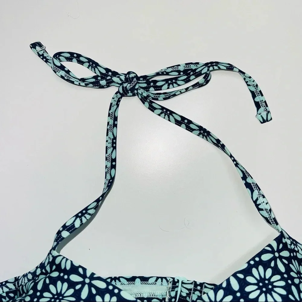 aerie Navy Blue & Mint Green Floral Print Ruffle Push-up Bikini Top 36B Women’s